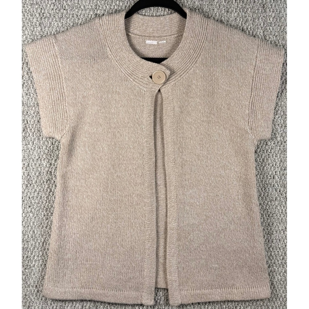 Short Sleeve Cardigan Sweater M Beige Knit Cap Sleeve Single Button
